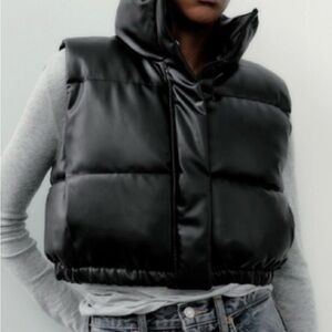 Zara Black faux Leather Crop Puffer Vest